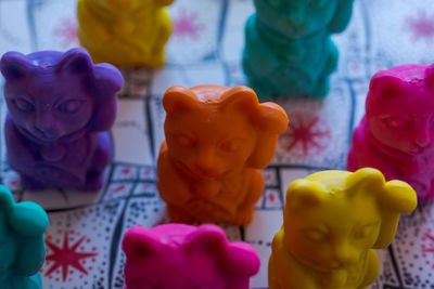 Close-up of multi colored toys for sale