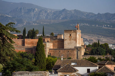 Panoramic view of buildings and mountains against sky