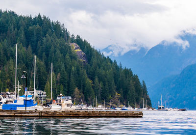 Scenic view of sea by mountains against sky