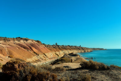 Scenic view of sea against clear blue sky