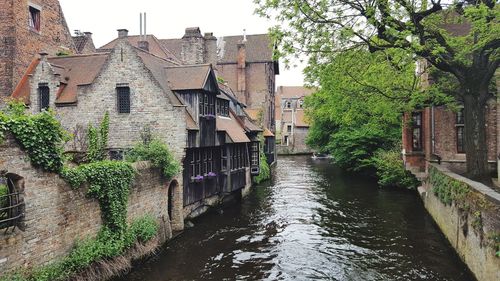 Houses by river amidst buildings against sky