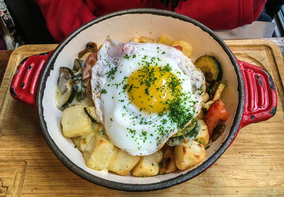 High angle view of breakfast served on table