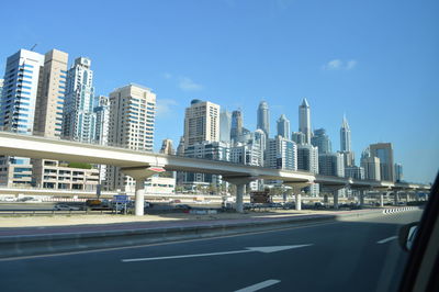 City skyline against blue sky
