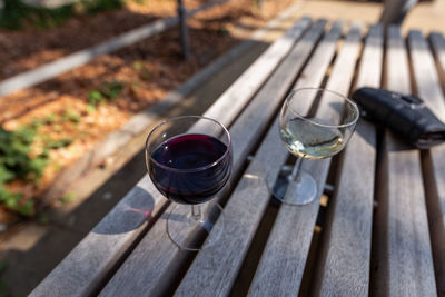 High angle view of wine in glass on table