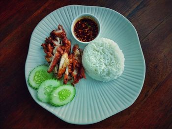 High angle view of food in plate on table