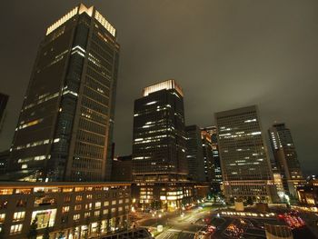 Skyscrapers lit up at night