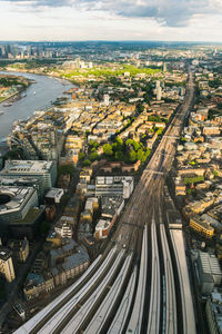 High angle view of railroad tracks in city