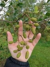 Midsection of man holding fruit