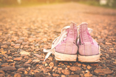 Close-up of pink canvas shoes