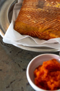 High angle view of breakfast served on table