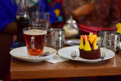 Close-up of cake served on table