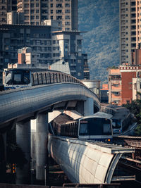 View of railroad tracks and buildings in city