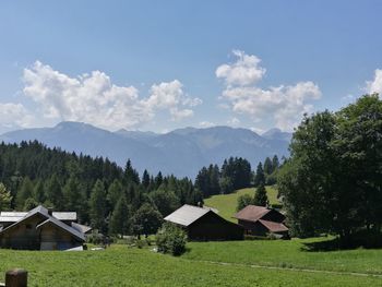 Houses by trees against sky