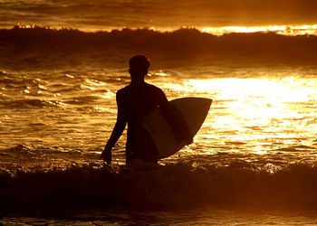 Lone surfer at sunset. one more ride. golden sunset. 