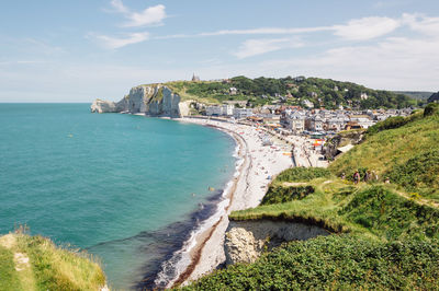 High angle view of cliff and beach at etretat