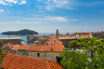 High angle view of buildings against sky