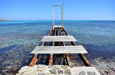 Lifeguard hut on beach against clear sky