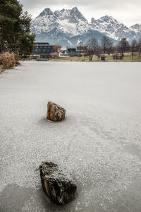 Scenic view of snowcapped mountains during winter