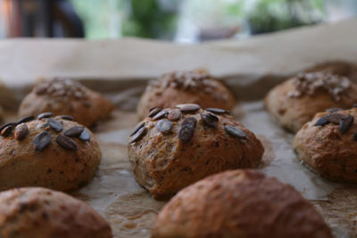 High angle view of buns on baking sheet