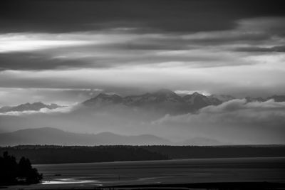 Scenic view of lake and mountains against sky