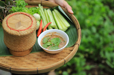 High angle view of fruits in bowl on table