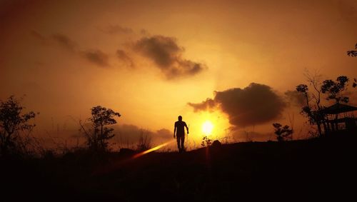 Silhouette man standing by trees against sky during sunset