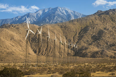 Windmills in mountain valley.
