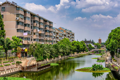 Buildings by river against sky in city