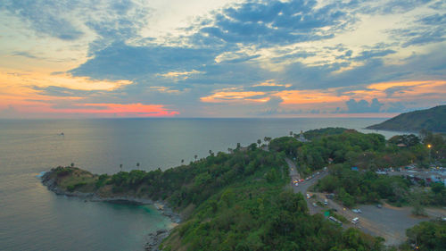 High angle view of sea against sky during sunset