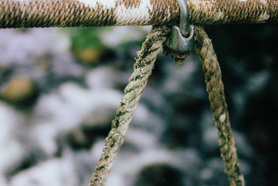 Close-up of rope tied up on metal chain