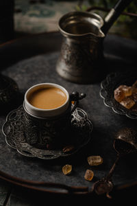 High angle view of coffee on table