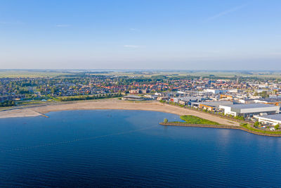 Aerial view on the beach and the city from lemmer in the netherlands