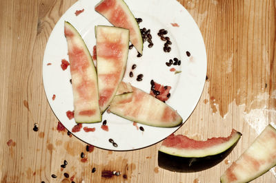 High angle view of ice cream in plate on table