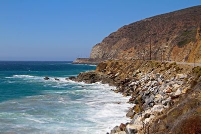 Scenic view of sea against clear blue sky