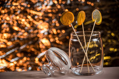 Close-up of drink in glass jar on table