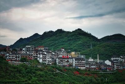 High angle shot of townscape against sky