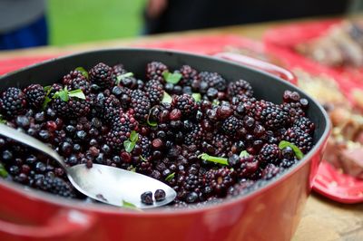 Close-up of mulberries in container