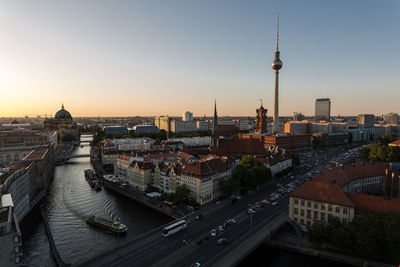 High angle view of city buildings against sky