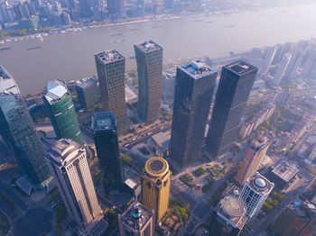 High angle view of buildings and street in city