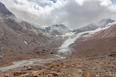 Alpine highlands. vallelunga glacier front in rapid retreat with moraines