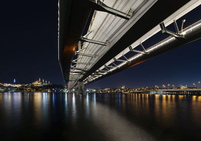 Illuminated bridge over river at night