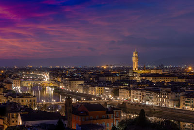 High angle view of illuminated cityscape against sky at night