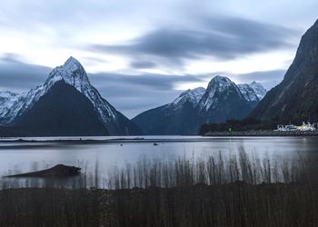 Scenic view of lake against cloudy sky