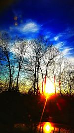 Low angle view of bare trees against sky during sunset