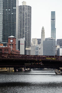 Bridge over river by buildings against sky in city