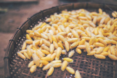 High angle view of pasta in wicker basket