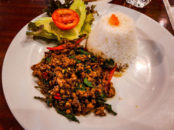 High angle view of food served in plate