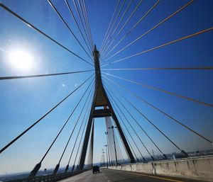 Low angle view of suspension bridge against sky