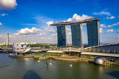 Bridge over river with city in background