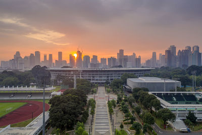 Panoramic view of buildings in city against sky during sunset